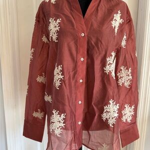 Mango Burgundy Button Down Shirt with White Embroidery